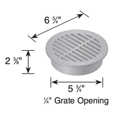 Angled close-up of NDS 60S sand grate highlighting the 9.1 sq in open surface and approximately 1/4-inch grate openings for debris exclusion.