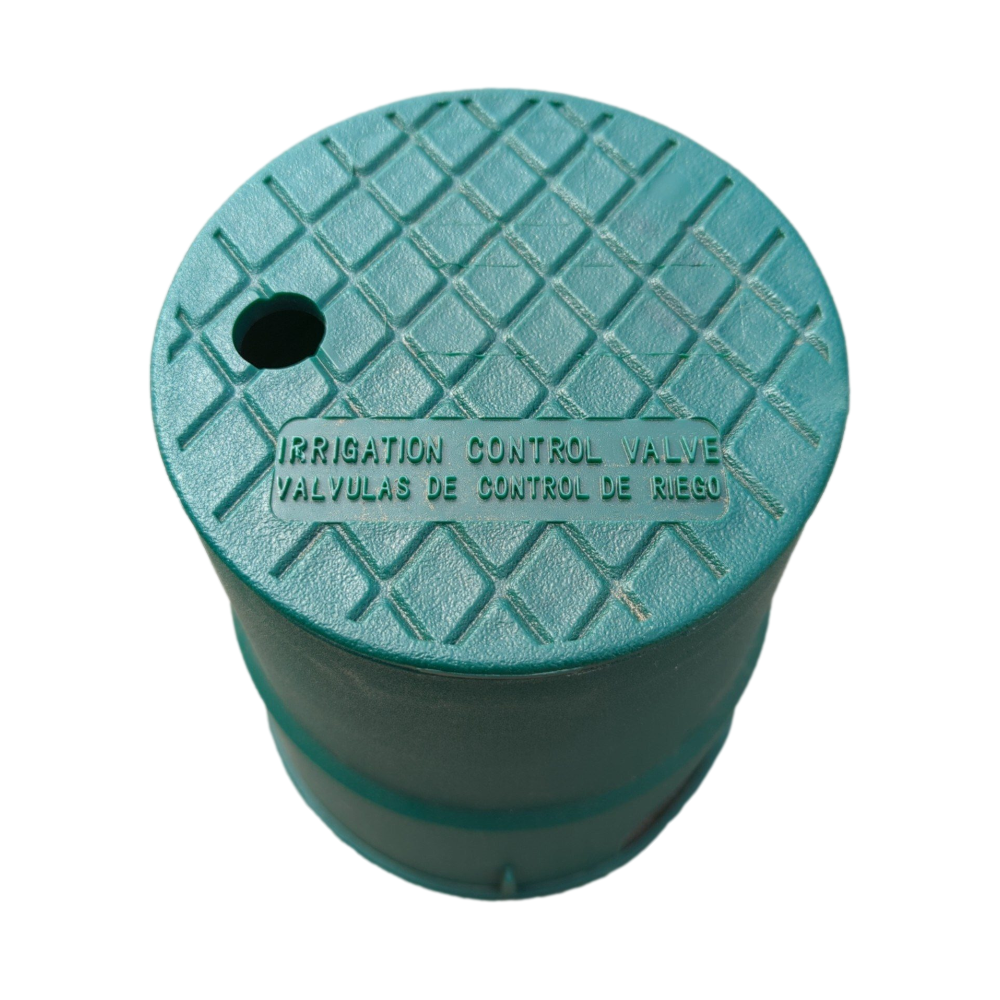 Side-angle view of a green DURA round valve box with overlapping ICV lid, illustrating tapered body, lid fit, and access profile for maintenance.