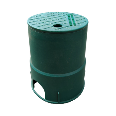 DURA 6 in round valve box in green showing overlapping lid seated on body, pre-molded pipe knockout locations, and textured surface for grip.
