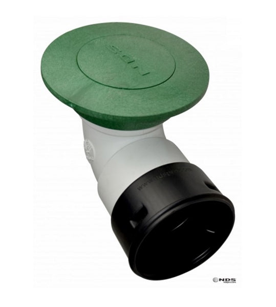 Front view of NDS 624 6-inch green pop-up drainage emitter showing spring-loaded cap, wide flange, and corrugated adapter.