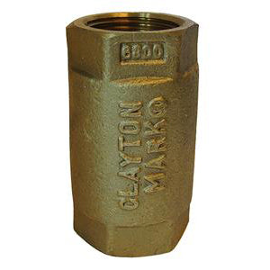 Lead-free 3/4-inch brass spring check valve, angled view showing hex ends, Buna-N rubber-coated poppet and stainless-steel spring.