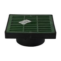 Top view of NDS 641 green 6-inch square plastic grate showing 5-7/8 inch square top, 1/4 inch openings, and flared design for debris control.