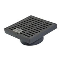 Top-down view of gray NDS 642 6-inch square drain grate with low-profile adapter, showing grate openings and mounting screws, for outdoor drainage systems.