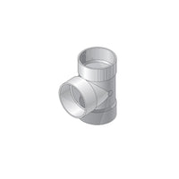 Angled close-up of NDS 6P01 6" PVC tee highlighting hub end style, solvent-weld hubs and smooth interior for sewer and drainage pipes.