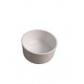Front profile of NDS 6P06 6-inch white PVC sewer and drain cap with hub end, showing outer face and socket opening for solvent-weld.
