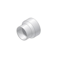 Angled view of NDS 6P07 PVC 4"x6" reducer coupling, showing internal bore, socket depth, and smooth white PVC finish for drainage connections.