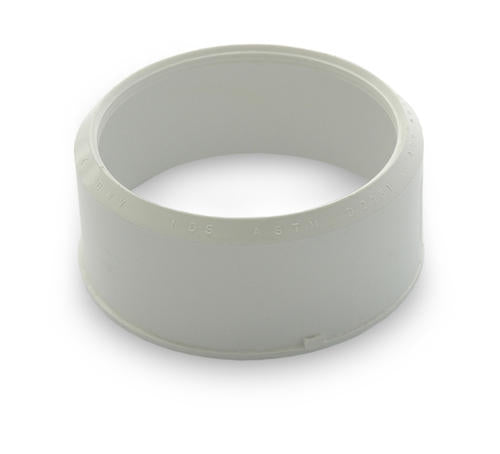 White PVC reducer bushing (NDS 6P07S) front view showing 6-inch outer socket and 4-inch inner socket on plain background, product detail.