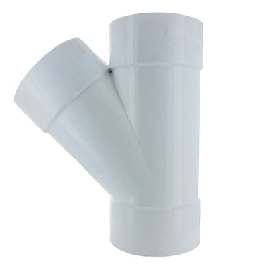 Front view of NDS 6P08 6 in. white PVC 45° wye showing three hub x hub solvent-weld connections, profile, and sockets.