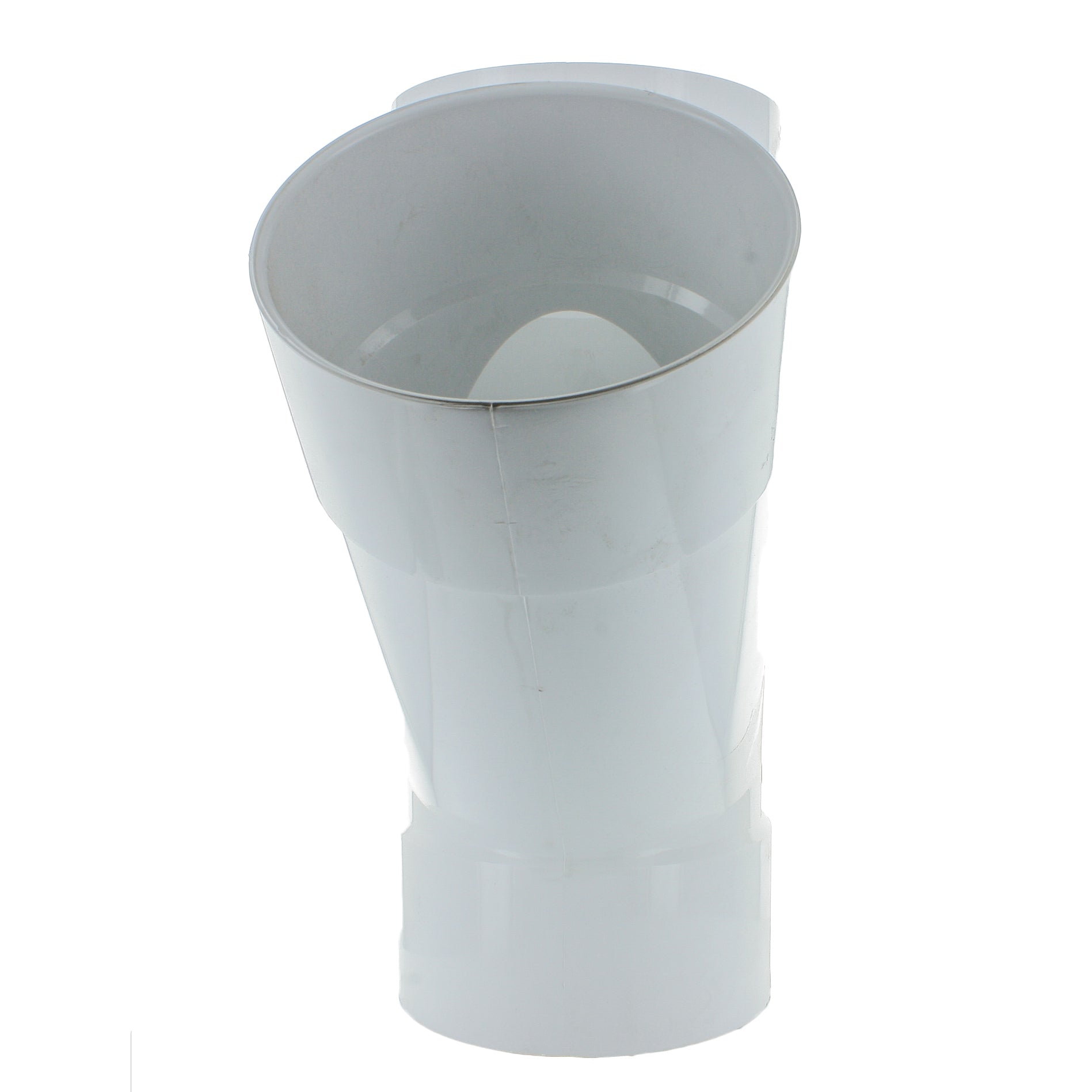 Angled side view of NDS 6P08 PVC 45° wye highlighting the branch angle and smooth internal sockets for solvent-weld joining.
