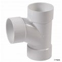 White PVC 6 in sanitary tee (NDS 6P09) side view showing hub x hub x hub connections and swept internal bore for easier flow.