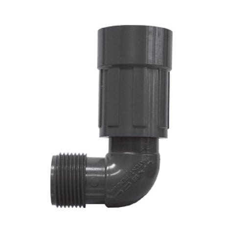 1" PVC UltraZone 90° elbow (FVCONN x male) in gray PVC; irrigation fitting shown on white background, front view.