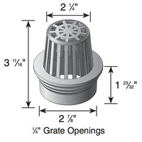 Side-angle view of green 3-inch Atrium grate seated over pipe opening, showing domed shape, slot pattern, and drop-in installation interface.