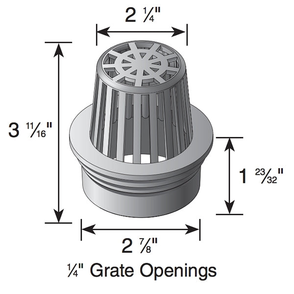 Side-angle view of green 3-inch Atrium grate seated over pipe opening, showing domed shape, slot pattern, and drop-in installation interface.