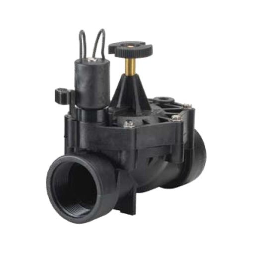Irritrol 700-1.5 UltraFlow 1.5-inch electric globe valve, glass-reinforced nylon body with 24 VAC solenoid and visible filter screen, studio product view.