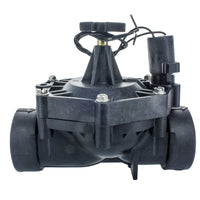 Front view of Irritrol 700-2 UltraFlow 2-inch electric globe valve showing glass-reinforced nylon body and 24 VAC solenoid assembly, close-up.