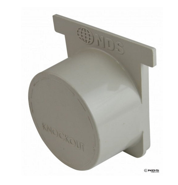 Front view of NDS 713 Pro Series 3" End Cap/End Outlet, light gray polypropylene showing knockout outlet and attachment lip.