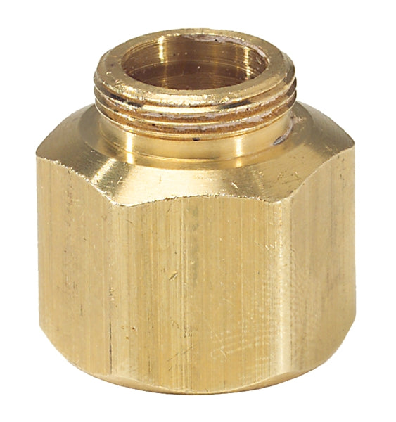 Close-up of Weathermatic brass shrub nozzle adapter showing 1/2" IPS female inlet and milled exterior finish, product on white background, clear detail.