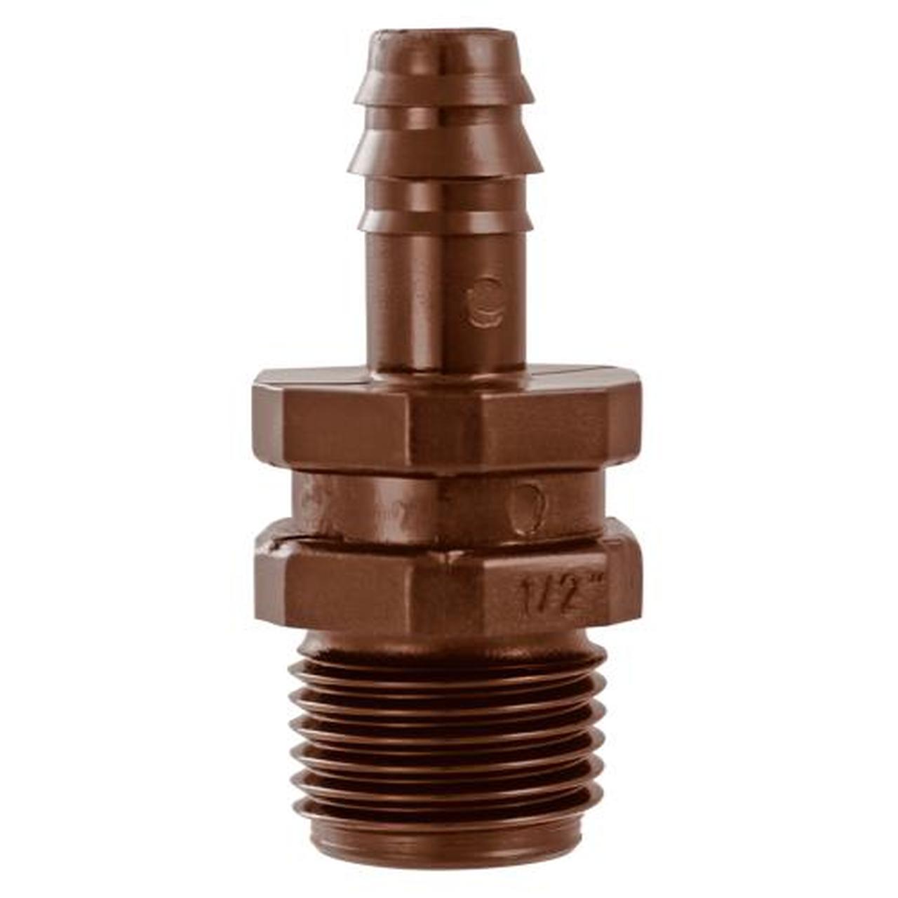 Close-up of Netafim T12075MA 12mm insert male adapter showing barbed 12mm barb and 3/4" MPT threaded end in white background, product identification and detail.