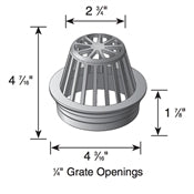Top and side view of NDS 75 4-inch green atrium grate highlighting 1/4-inch grate openings, dome profile, and removal access for cleaning.