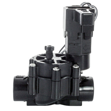 Rain Bird 75DV 3/4-inch inline remote-control irrigation valve; glass-filled polypropylene body, top view showing solenoid and bonnet screws, standard female threads.