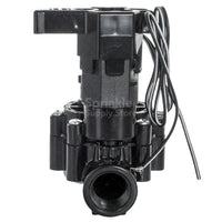 Side view of Rain Bird 75DV 3/4-inch irrigation valve showing inlet/outlet female threads, encapsulated 24 VAC solenoid, and compact inline design for valve boxes.