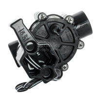 Rain Bird 75DV 3/4-inch remote electric valve installed in a valve box; illustrates compact footprint, manual internal bleed, and robust construction for landscape irrigation.