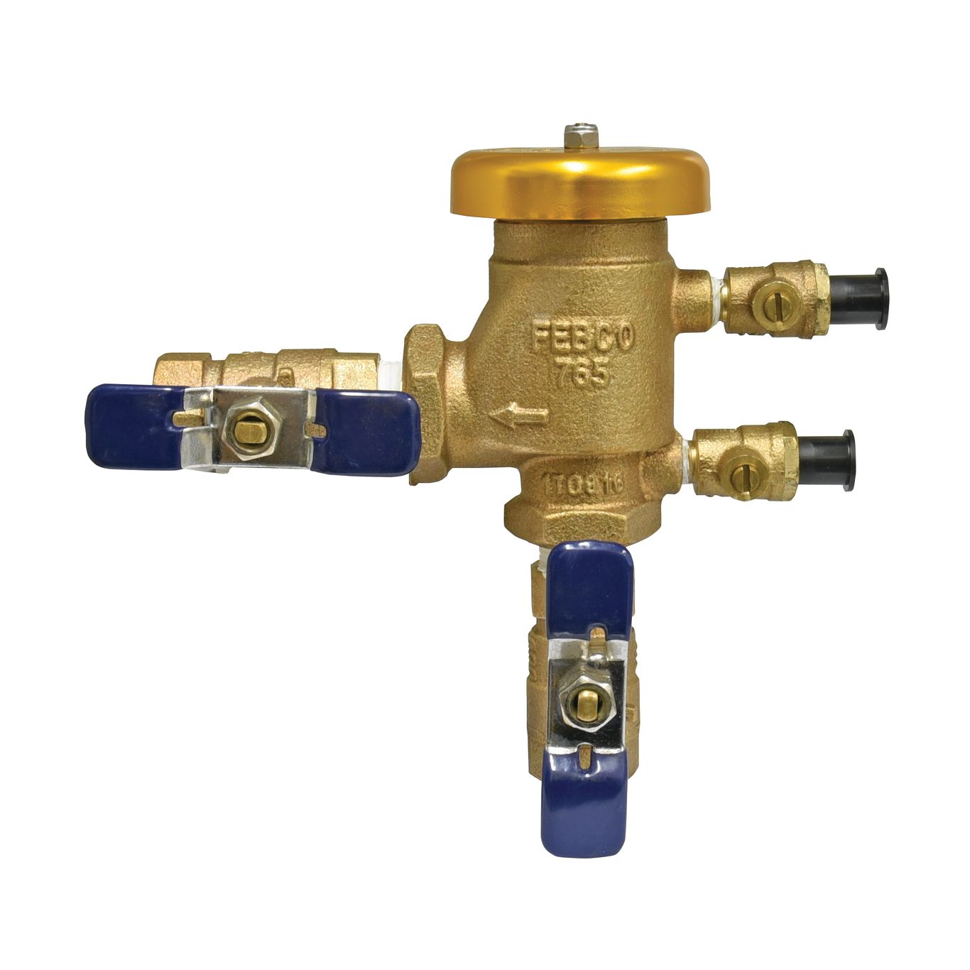 Front and angled view of Febco 765 3/4-inch bronze pressure vacuum breaker with quarter-turn ball valves and test cocks.