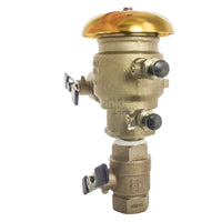 Side angle of Febco 765 1" bronze pressure vacuum breaker showing ball valve handle, body casting, and serviceable bonnet assembly.