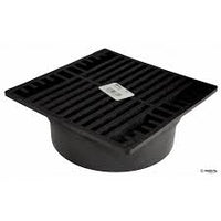 Top view of NDS 771 7-inch black square plastic drain grate showing grid pattern and square frame, designed for 6-inch Spee-D basins and 6 in. drain systems.