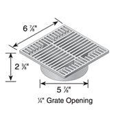 Angled profile view of NDS 771 black 7-inch square grate installed on a Spee-D catch basin showing mounting lip and low-profile design for easy access.