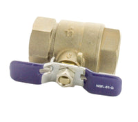 Angled shot of Febco 781-049LL 1" lead-free valve with visible inlet and outlet threads, bronze body finish, and handle position.