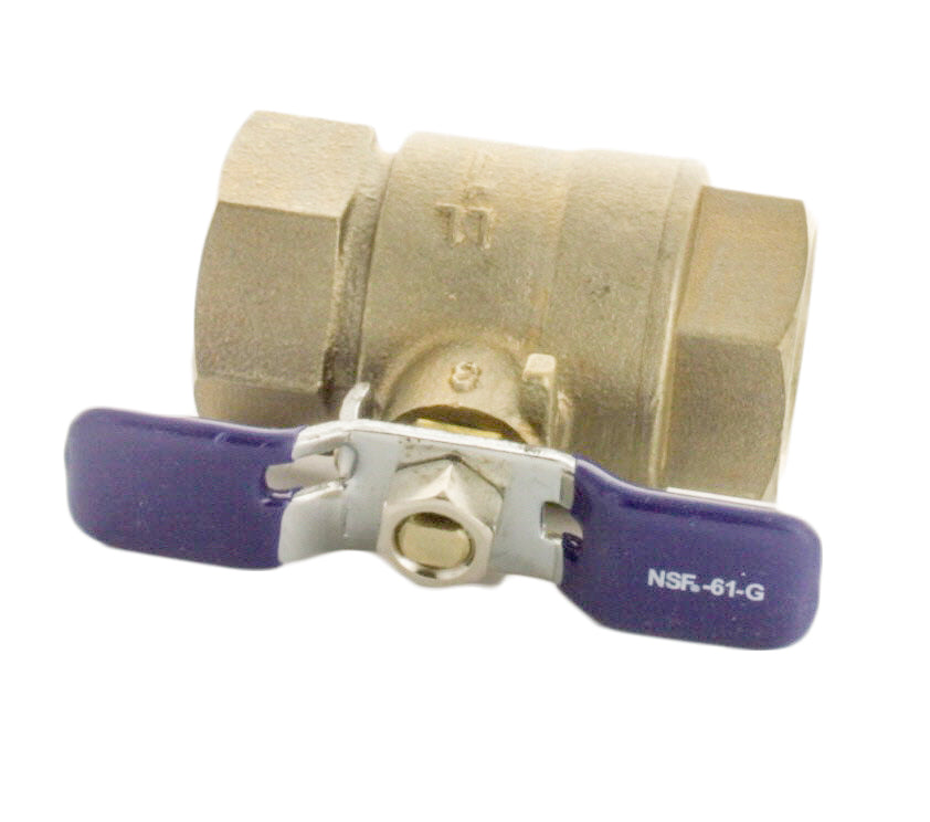 Angled shot of Febco 781-049LL 1" lead-free valve with visible inlet and outlet threads, bronze body finish, and handle position.
