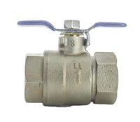 Front-angle photo of Febco 781-049LL 1" lead-free full-port ball valve showing bronze body, tee handle, and threaded inlet and outlet.