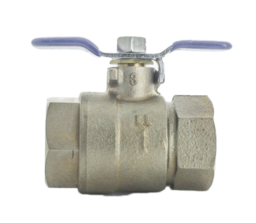 Front-angle photo of Febco 781-049LL 1" lead-free full-port ball valve showing bronze body, tee handle, and threaded inlet and outlet.