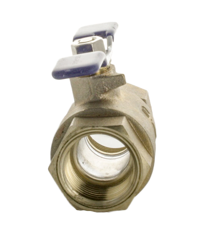 Close-up of Febco 781-049LL 1" lead-free ball valve highlighting threaded connections, bronze casting, and valve stem details.