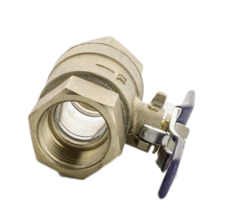 Top and side view of Febco 781-049LL 1" full-port ball valve showing tee handle, PTFE stem packing area, and body markings.