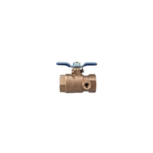 Febco 781-053LL (LF622FT) 3/4" lead-free full-port tapped ball valve with bronze-finish body, tee handle, and side tapped outlet for pressure gauge.