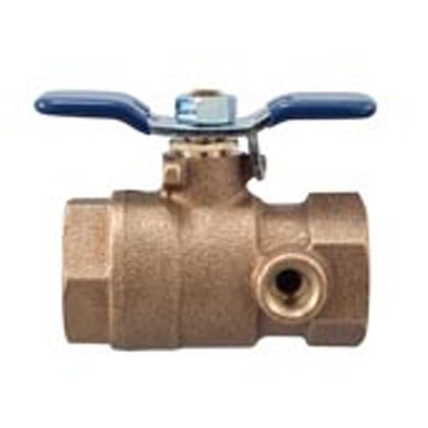 Close-up of Febco 781-057LL 2-inch lead-free full-port tapped ball valve, showing bronze body, tee handle and side tapped outlet for gauge installation.