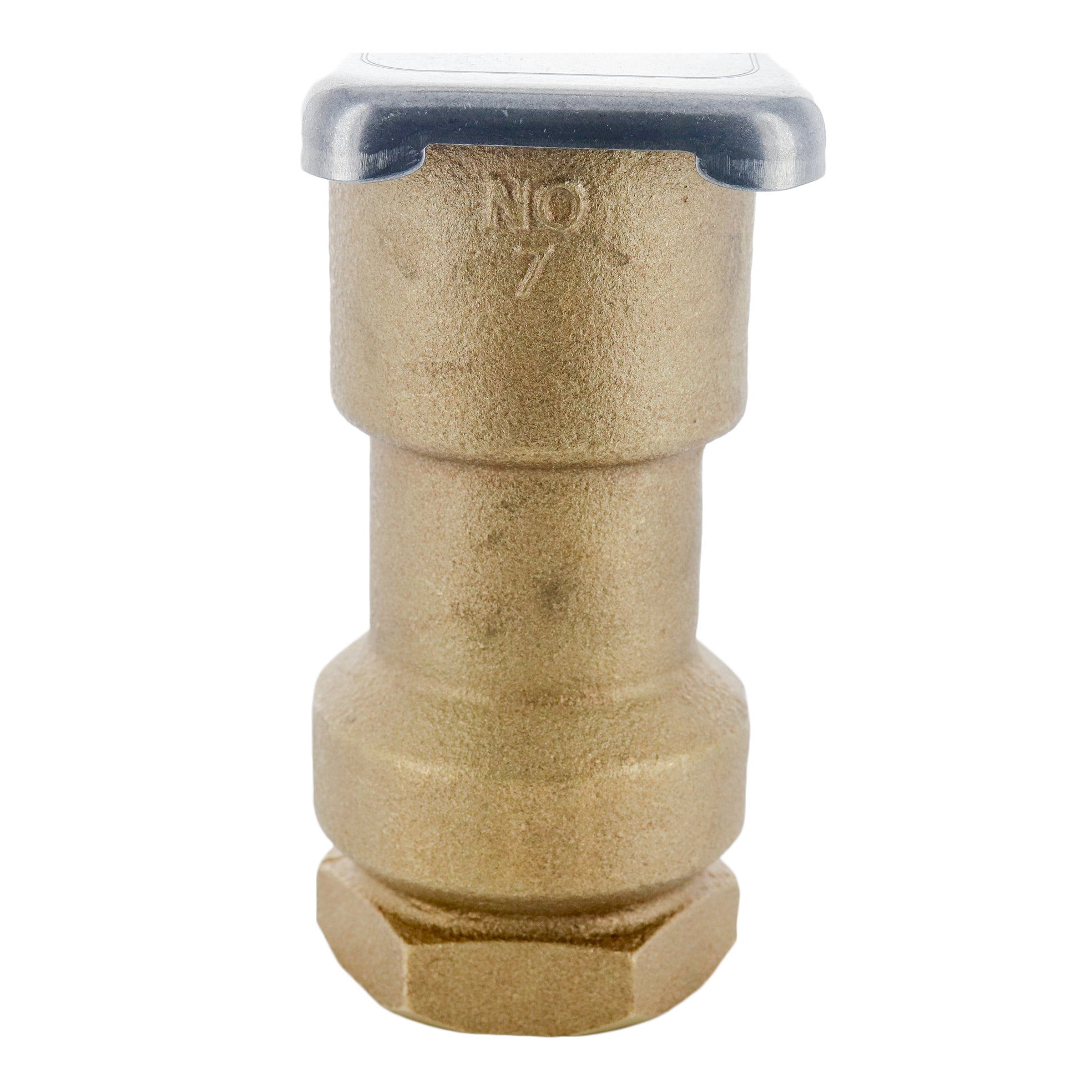 Front-angle view of Rain Bird Model 7 quick-coupling valve with metal cover, showing one-piece red-brass body and top access opening for valve key.