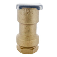 Front-angle view of Rain Bird Model 7 quick-coupling valve with metal cover, showing one-piece red-brass body and top access opening for valve key.