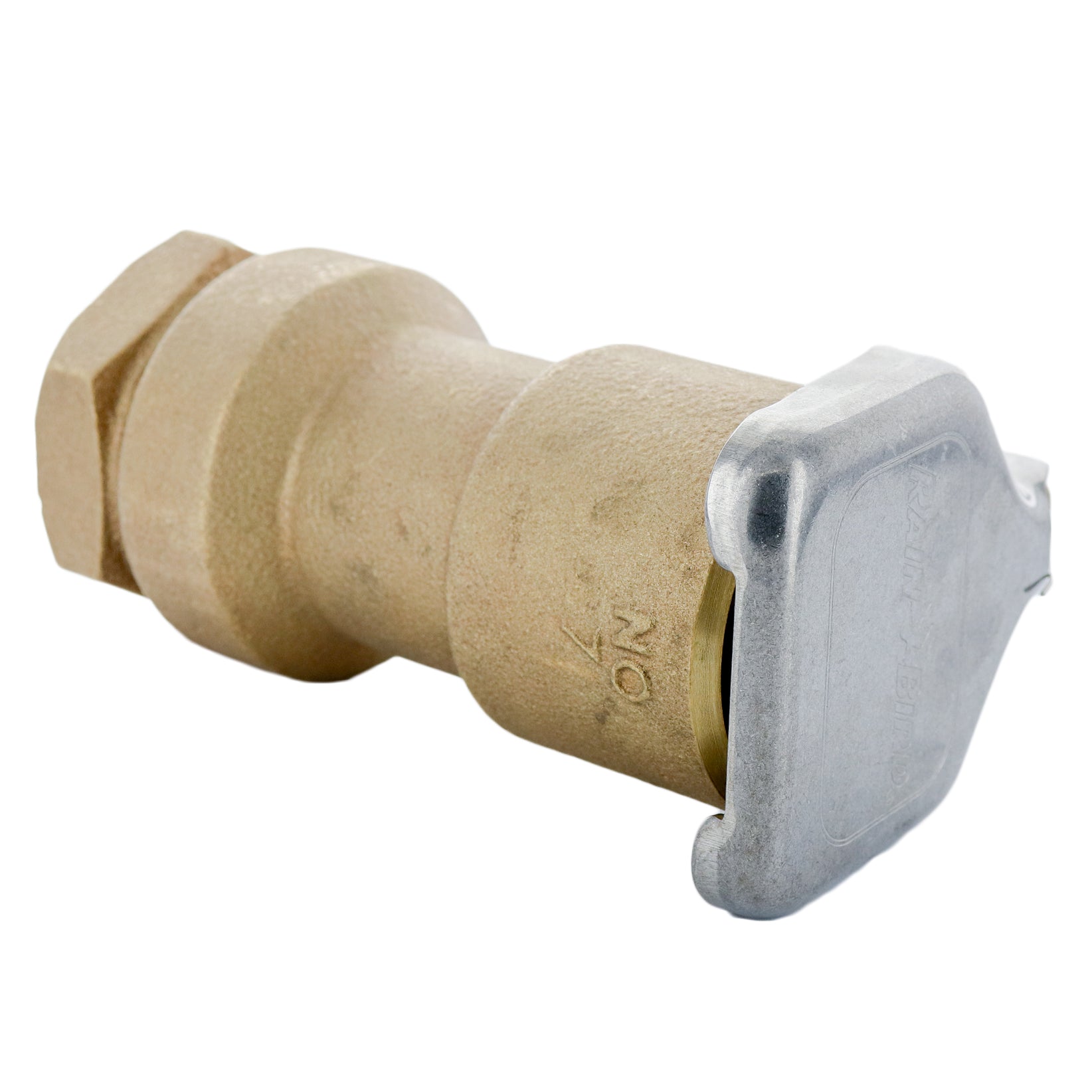 Close-up of the Rain Bird Model 7 valve body showing red-brass construction, one-piece design and robust sealing surfaces for long service life.