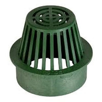 Top and angled side view of green NDS 6-inch Atrium grate, dome-style HDPE drain cover with 28.4 sq in open area and raised openings.