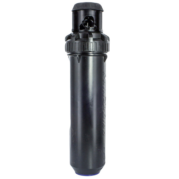 Rain Bird 8005 5-inch pop-up rotor on white background, side view showing top cap, stem and nozzle opening with measurements visible.