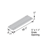 Close-up of NDS 814 Pro Series channel grate in light gray, showing slotted openings, textured HDPE surface, and screw mounting detail for installation.