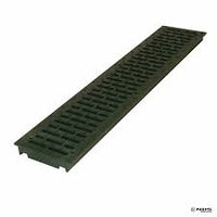Black NDS Pro Series 5" x 20" slotted channel grate, angled top view showing slotted pattern and mounting screw points, for light vehicle traffic and pedestrian areas.