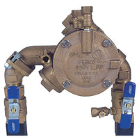 Febco 825YA 3/4" bronze reduced pressure zone assembly (ordering code 825DBV70) angle pattern with quarter-turn ball valves, front view