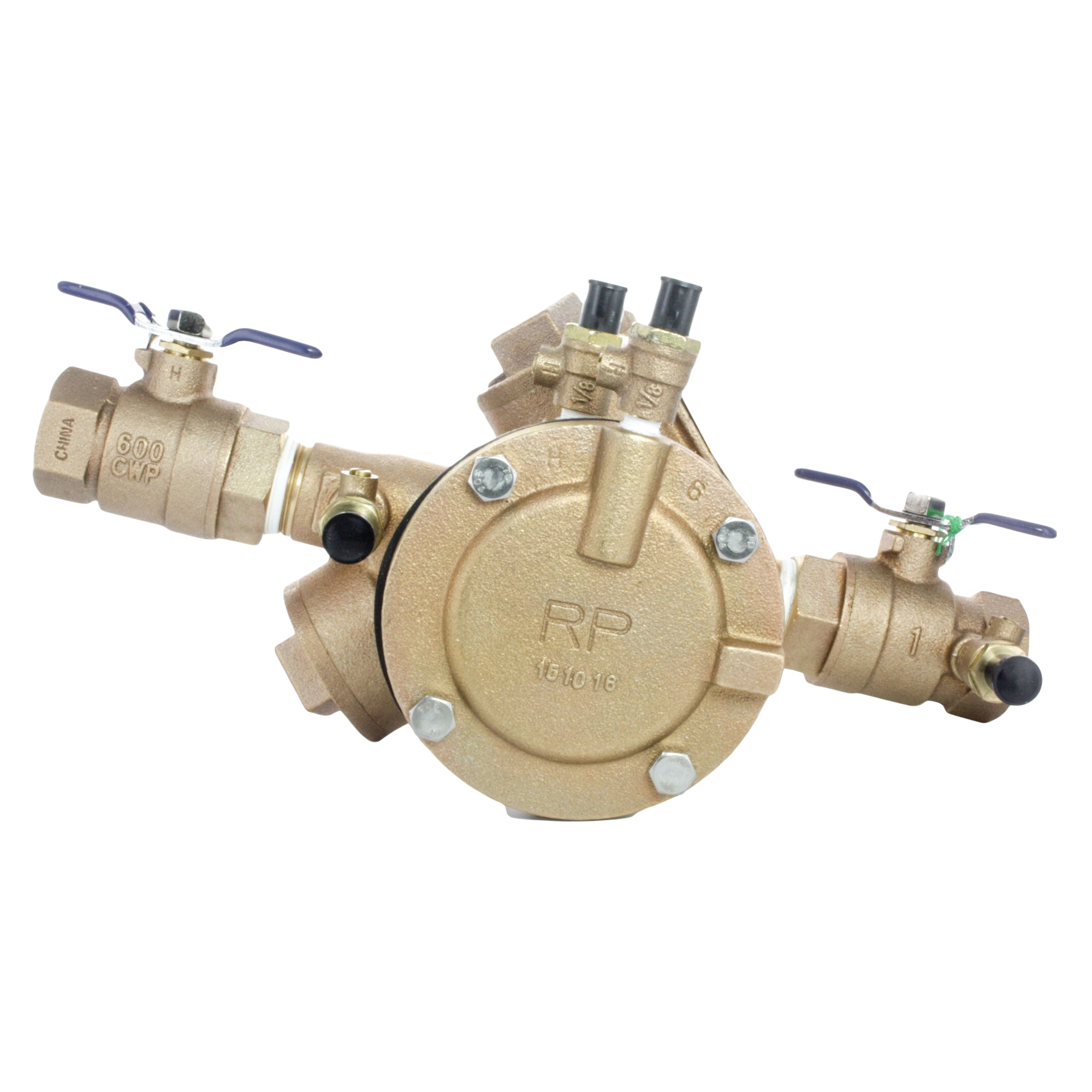 Front view of Febco 825Y 1-inch RPZ backflow preventer showing bronze body, integral ball valves, and visible test cocks for service access.