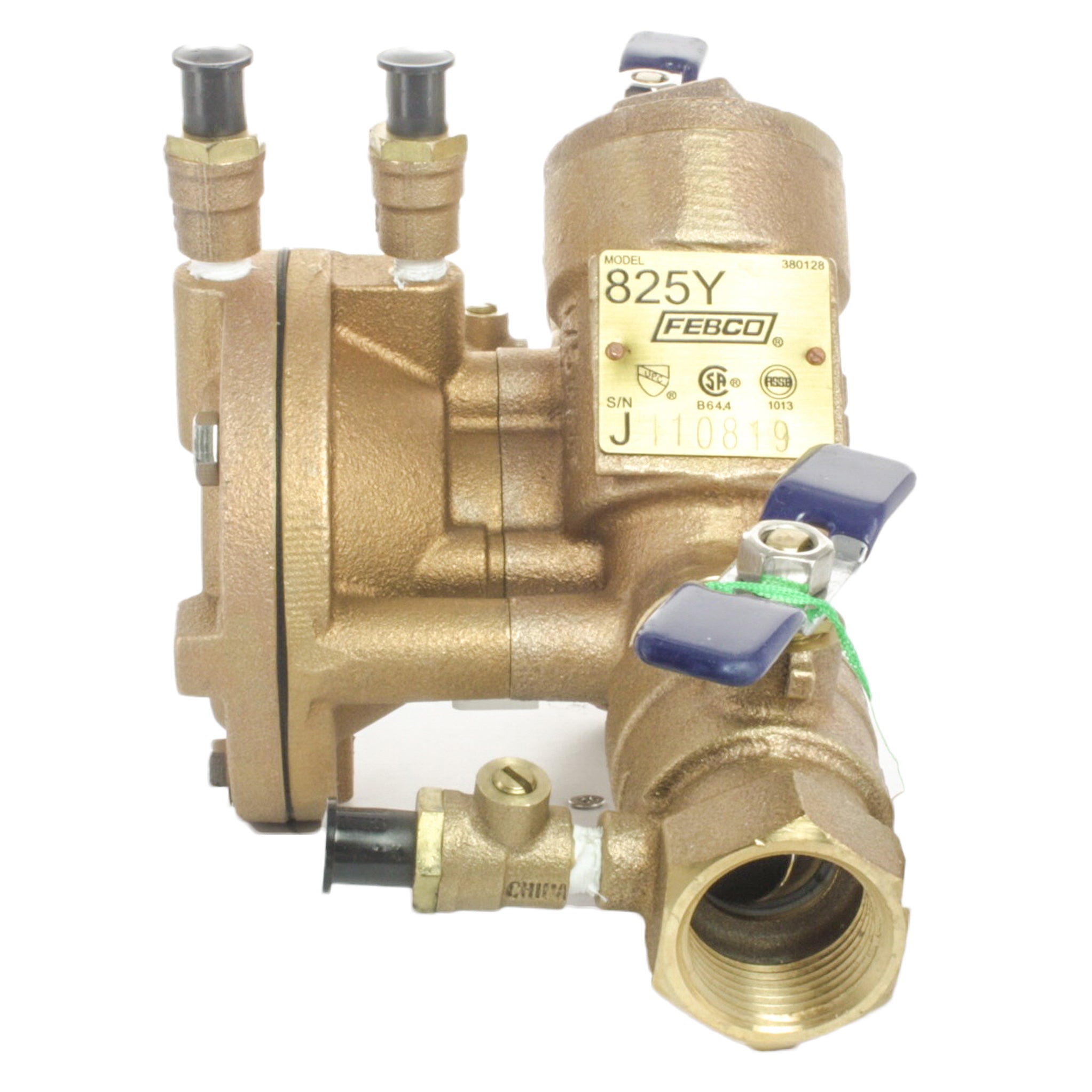 Close-up of Febco 825Y RPZ test cocks and service points on the 1-inch bronze backflow preventer for maintenance and annual testing.