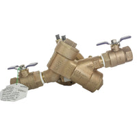 Top-down view of Febco 825Y 1-inch RPZ backflow preventer showing the Y-design layout, serviceable internals, and ball valve handles for isolation.
