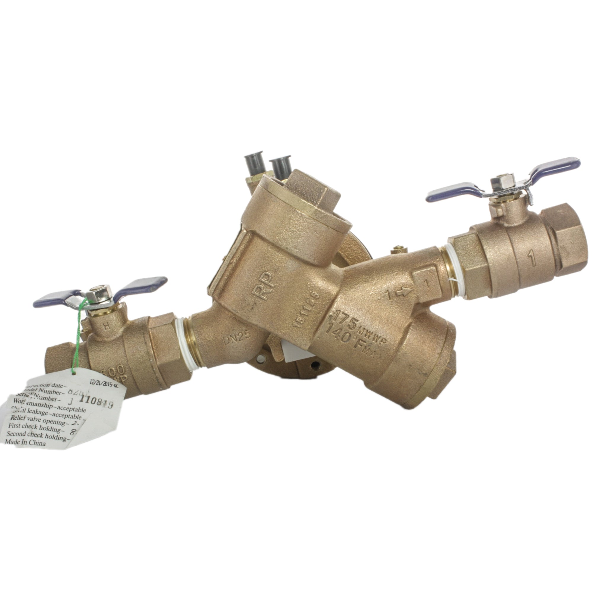 Top-down view of Febco 825Y 1-inch RPZ backflow preventer showing the Y-design layout, serviceable internals, and ball valve handles for isolation.